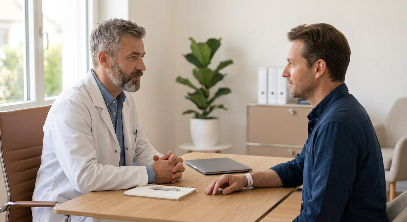 Врач консультирует пациент перед раскодированием
